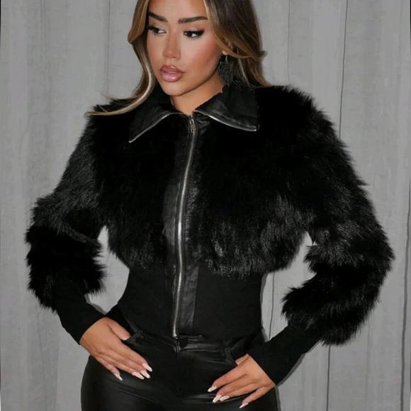 Women's Black Solid Color Front Zipper High Waist Patchwork Faux Fur Jacket - Picture 1 of 5